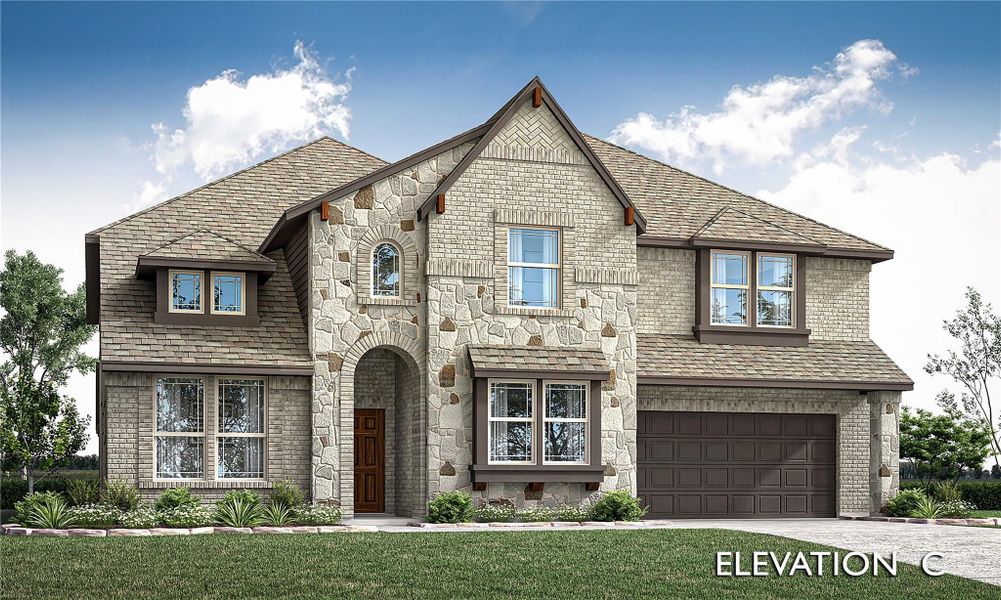 Two-story home with stone and brick exterior, arched entry, and two-car garage, Elevation C rendering Two-story home with stone and brick exterior, arched entry, and two-car garage, Elevation C rendering