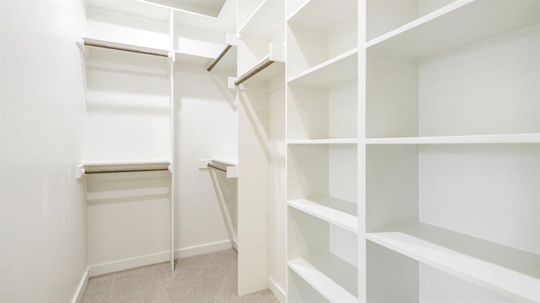 Walk in closet with light colored carpet