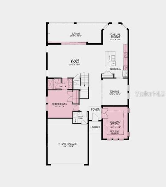 First Floor Plan - Structural options added include: gourmet kitchen, bedroom and full bathroom on main level, shower at main level bath, pocket sliding glass door at gathering room, study in place of flex, and 8' interior doors