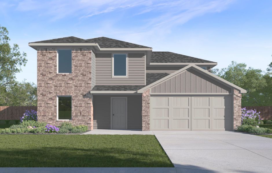 View of front of house with an attached garage, concrete driveway, roof with shingles, and brick siding View of front of house with an attached garage, concrete driveway, roof with shingles, and brick siding