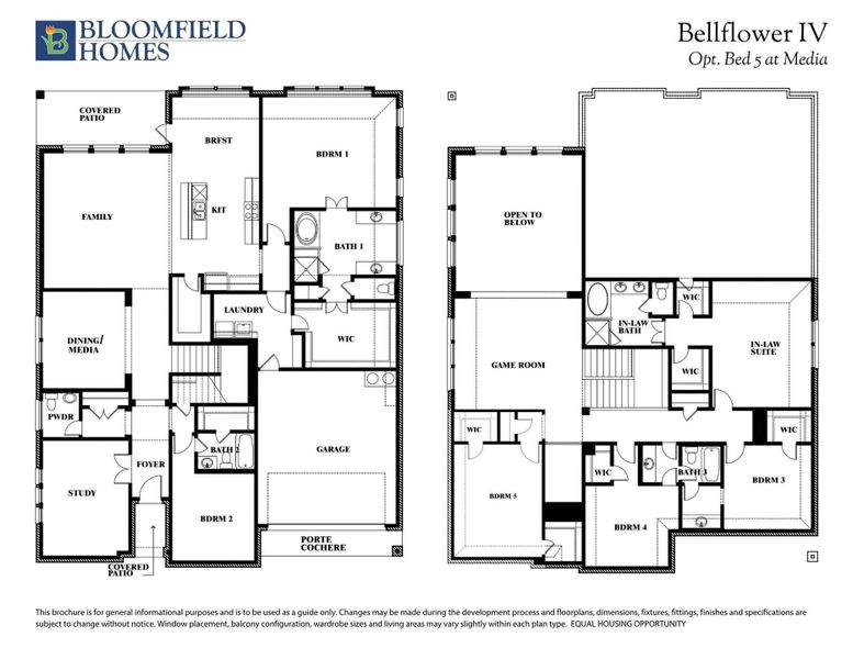 Bloomfield Homes Bellflower IV two-story floor plan with five bedrooms, game room, in-law suite, and porte cochere. Bloomfield Homes Bellflower IV two-story floor plan with five bedrooms, game room, in-law suite, and porte cochere.