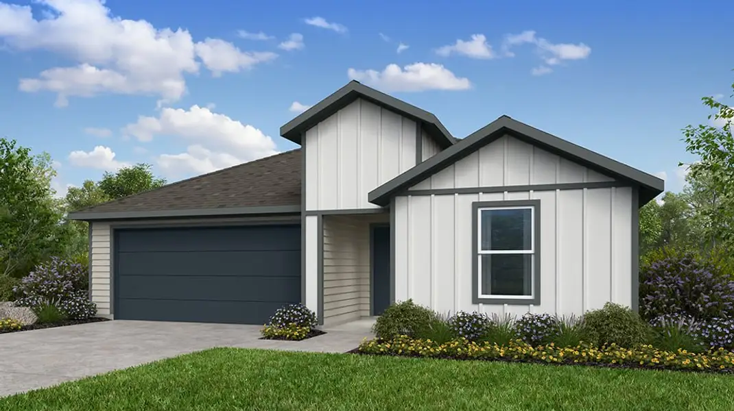 Front exterior of a new home in Longview, Del Valle, TX, highlighting curb appeal (Image 1). Front exterior of a new home in Longview, Del Valle, TX, highlighting curb appeal (Image 1).