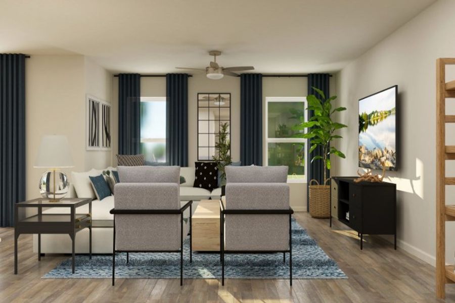 A living room with a large window. A living room with a large window.