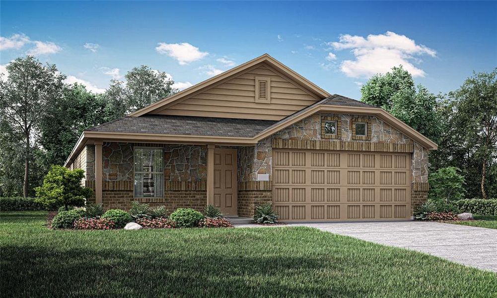 View of front of property with a garage and a front lawn