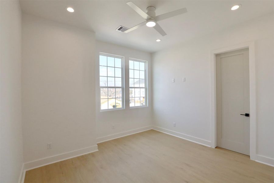 third bedroom is positioned at the front of the home. ALL bedrooms have fans and shelves closets for accessories. third bedroom is positioned at the front of the home. ALL bedrooms have fans and shelves closets for accessories.