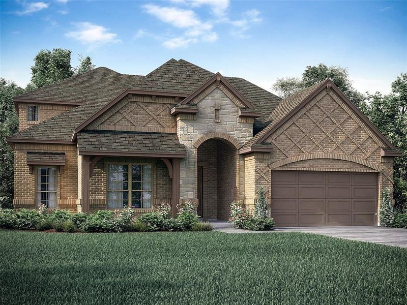 French country style house with a garage and a front lawn