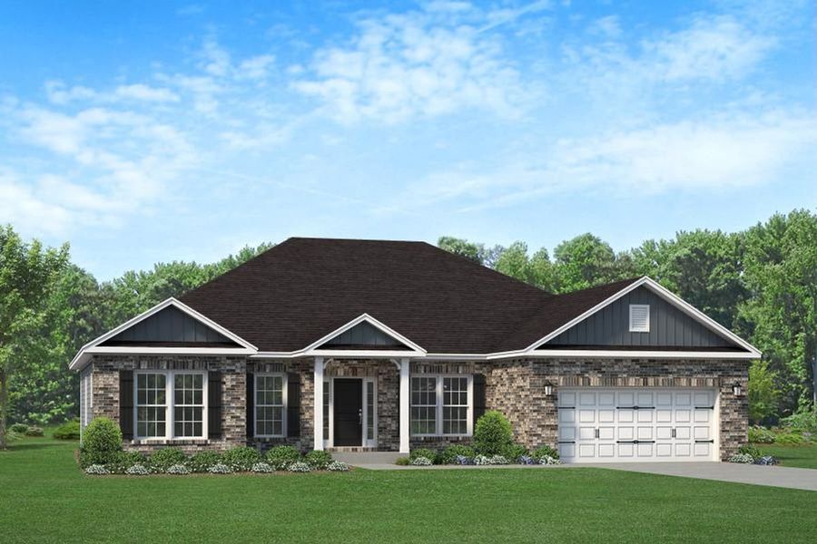 Front exterior of a new home in Bramlett Ridge, Dallas, GA, highlighting curb appeal (Image 1). Front exterior of a new home in Bramlett Ridge, Dallas, GA, highlighting curb appeal (Image 1).