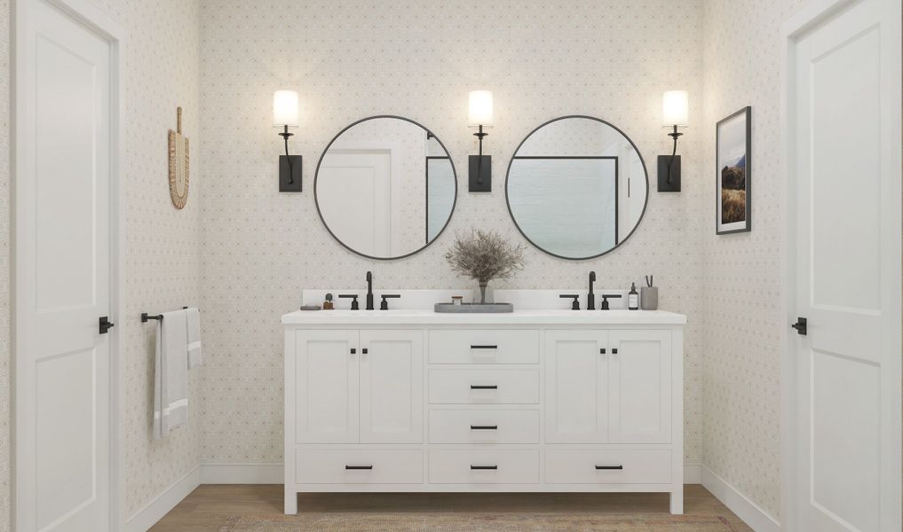 Primary bath with dual sinks and matte black fixtures throughout