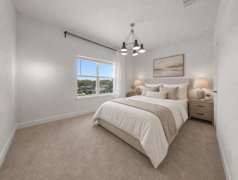 A quiet bedroom retreat features plush carpeting and a large window framing the neighborhood. A quiet bedroom retreat features plush carpeting and a large window framing the neighborhood.