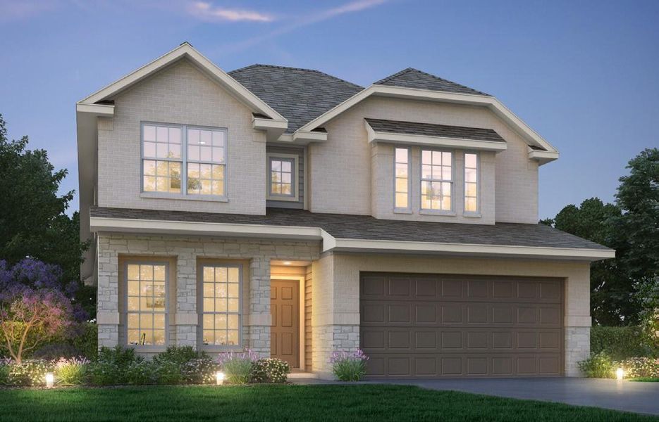 Front exterior of a new home in Granger Pines, Conroe, TX, highlighting curb appeal (Image 1).