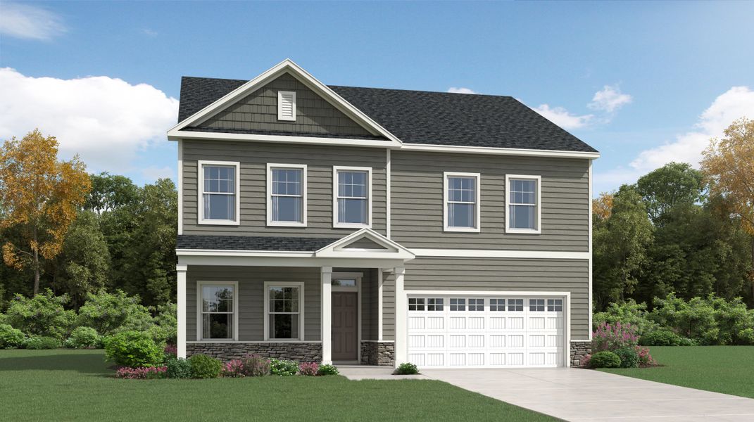 Front exterior of a new home in Sutherland Station at Olde Liberty, Franklinton, NC, highlighting curb appeal (Image 1).