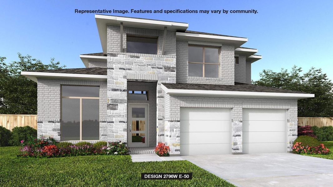 Modern home with driveway, brick siding, a garage, and stone siding Modern home with driveway, brick siding, a garage, and stone siding