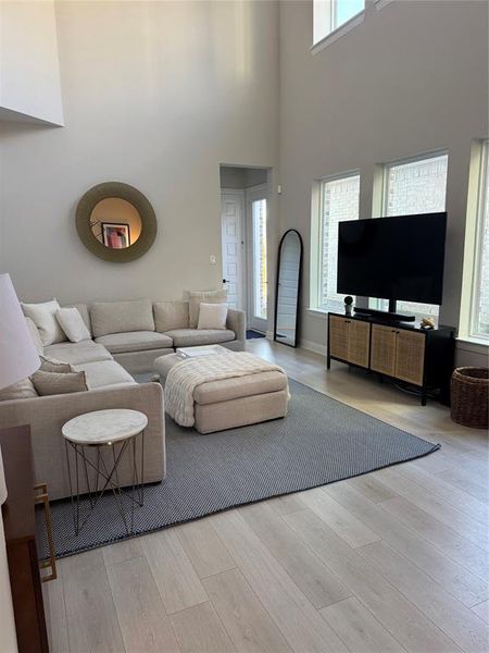 Living room featuring a wealth of natural light, a high ceiling, and wood finished floors