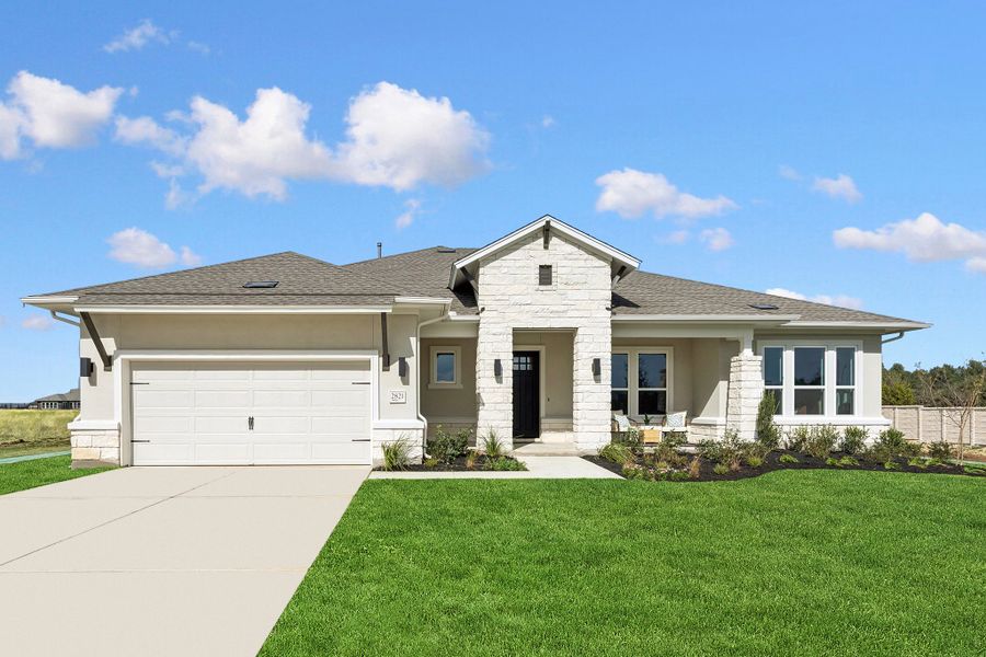 Front exterior of a new home in Leander Estates, Leander, TX, highlighting curb appeal (Image 2). Front exterior of a new home in Leander Estates, Leander, TX, highlighting curb appeal (Image 2).
