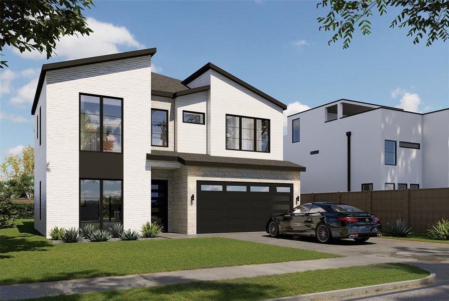 Modern exterior featuring white brick and stone accents Modern exterior featuring white brick and stone accents