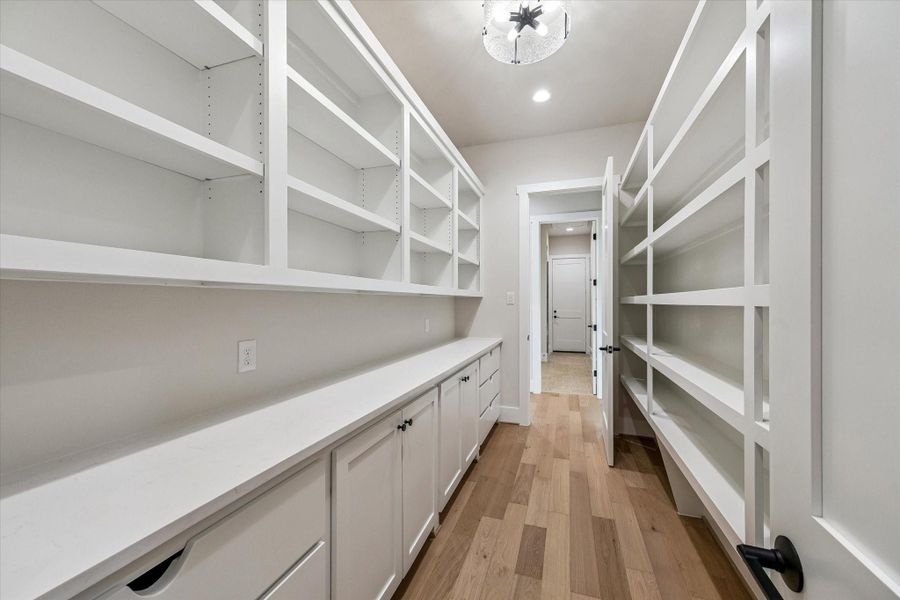 Pantry with shelving and lower cabinets. Pantry with shelving and lower cabinets.