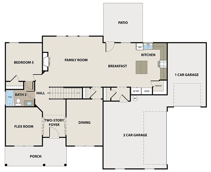 2D floor plan layout for the Dewhurst 3-Car by Peachtree Building Group in Patillo Manor, Stockbridge, GA (Image 4). 2D floor plan layout for the Dewhurst 3-Car by Peachtree Building Group in Patillo Manor, Stockbridge, GA (Image 4).