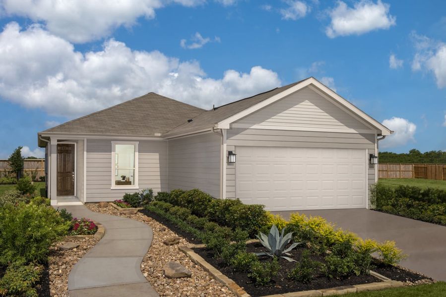 Representative exterior photo of a completed home built from the Plan 1271 Modeled by KB Home in Sunset Grove South, Hitchcock, TX (Image 12).