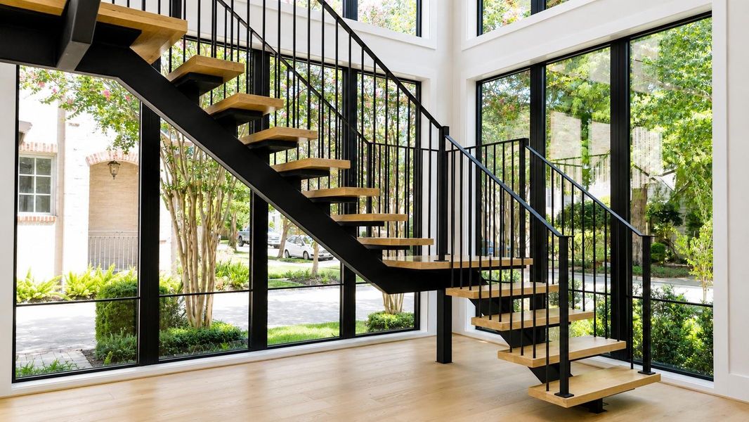 Grand staircase lined with floor to ceiling windows make for a beautiful entry to the home.