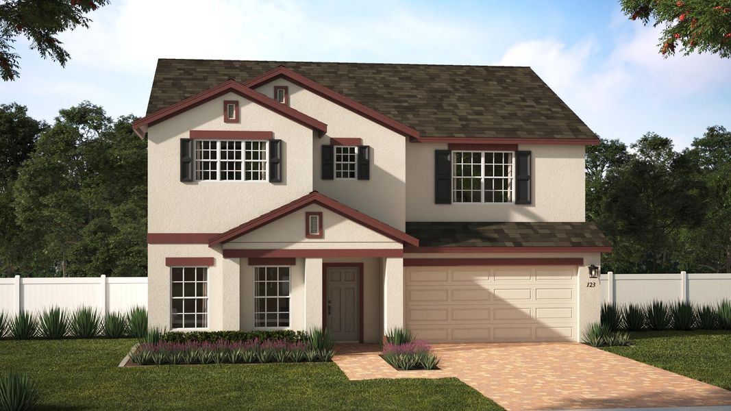 Representative exterior photo of a completed home built from the Wilshire by Risewell Homes in Trinity Lakes, Groveland, FL (Image 2). Representative exterior photo of a completed home built from the Wilshire by Risewell Homes in Trinity Lakes, Groveland, FL (Image 2).