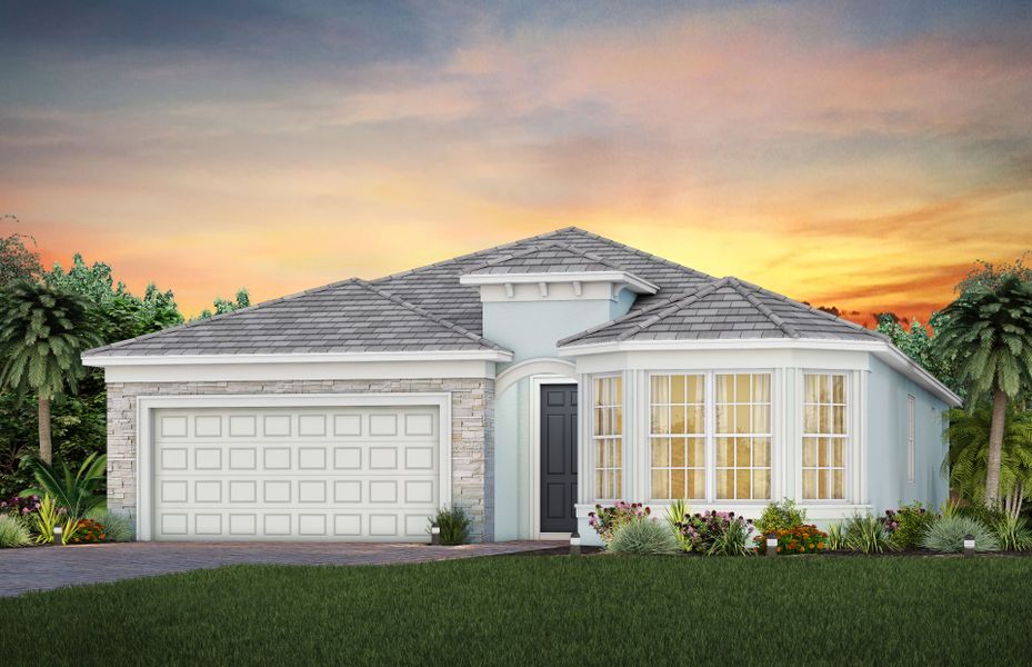 Front exterior of a new home in Del Webb Oak Creek, Fort Myers, FL, highlighting curb appeal (Image 27).