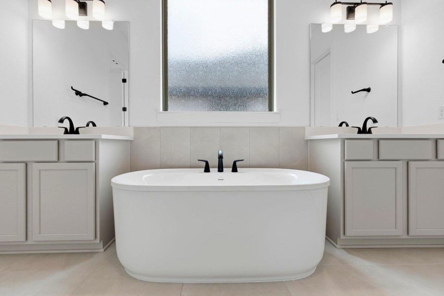 Primary Bath retreat with dual vanities & soaking tub