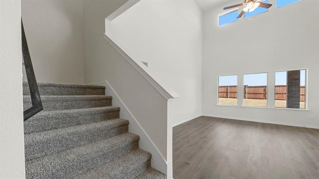 Stairs with wood finished floors, a towering ceiling, and ceiling fan