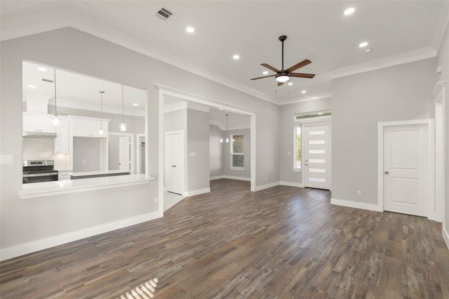 Living room overlooking the kitchen and dining room