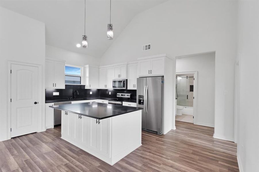 The kitchen features white cabinetry, dark countertops, and stainless steel appliances