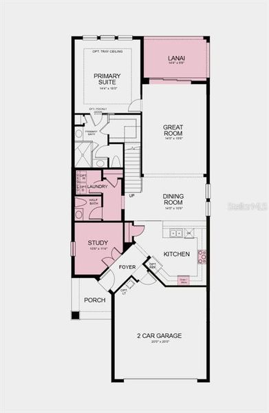 First Floor Plan - Structural options added include: gourmet kitchen, alternate study layout, game room, pocket sliding glass doors, shower at bath 2, tray ceiling package, 8' interior doors, and pre-plumb for future sink at laundry