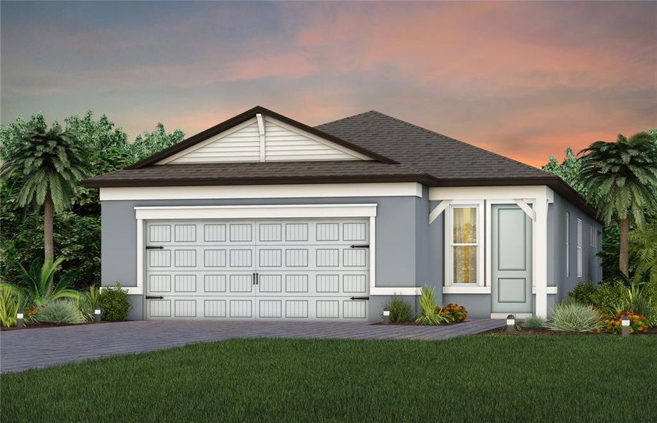 Front exterior of a new home in Del Webb Sunchase, Parrish, FL, highlighting curb appeal (Image 1). Front exterior of a new home in Del Webb Sunchase, Parrish, FL, highlighting curb appeal (Image 1).