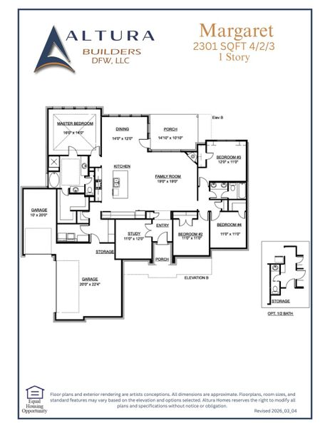 2D floor plan layout for the Margaret by Altura Homes in Talbott Estates, Howe, TX (Image 4).