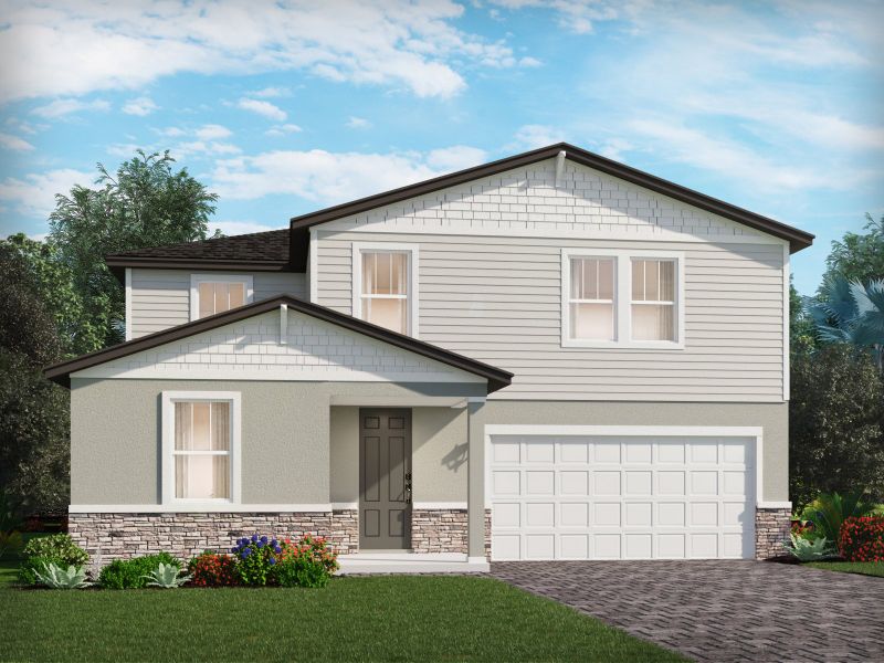 Front exterior of a new home in Crosswinds - Signature Series, Haines City, FL, highlighting curb appeal (Image 1). Front exterior of a new home in Crosswinds - Signature Series, Haines City, FL, highlighting curb appeal (Image 1).