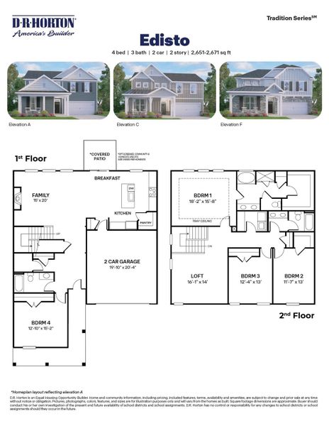2D floor plan layout for the Edisto by D.R. Horton in Horton Park, Apex, NC (Image 3).