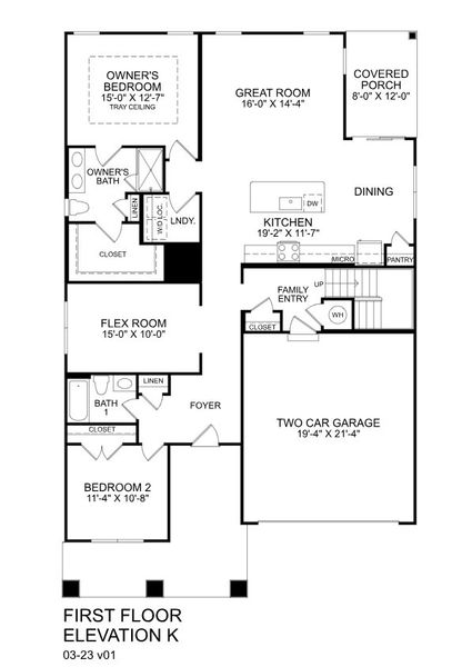 2D floor plan layout for the Bramante 2 Story by Ryan Homes in Grande Dunes North Village, Longs, SC (Image 2).