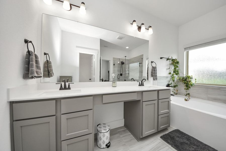 Another view of the double sinks and counterspace in the primary bathroom.