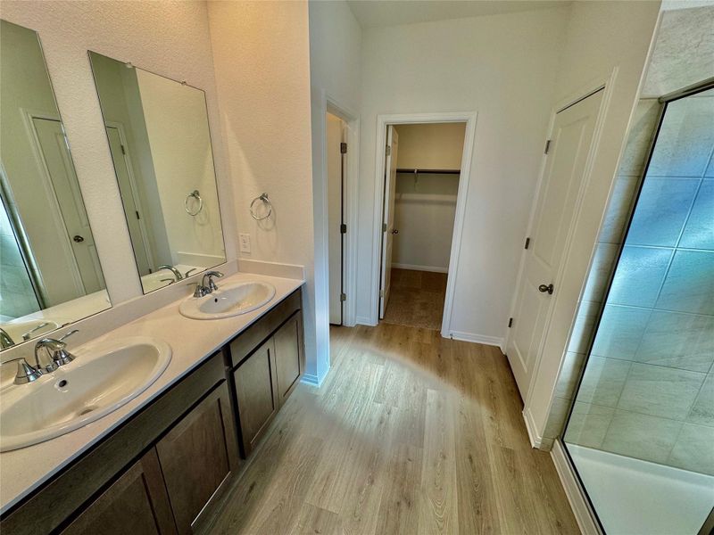 Bathroom with light wood-style floors, double vanity, a stall shower, and a walk in closet Bathroom with light wood-style floors, double vanity, a stall shower, and a walk in closet