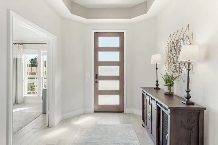 Bright home entryway with glass-panel front door, tray ceiling, and dark wood console table with lamps