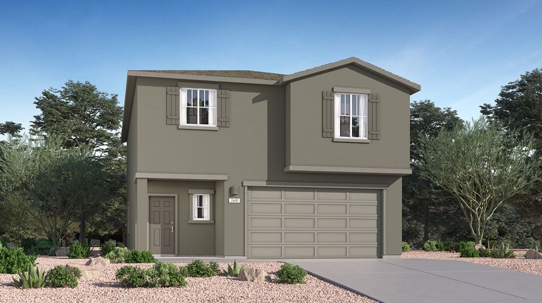 Front exterior of a new home in Blackhawk, Tucson, AZ, highlighting curb appeal (Image 1). Front exterior of a new home in Blackhawk, Tucson, AZ, highlighting curb appeal (Image 1).