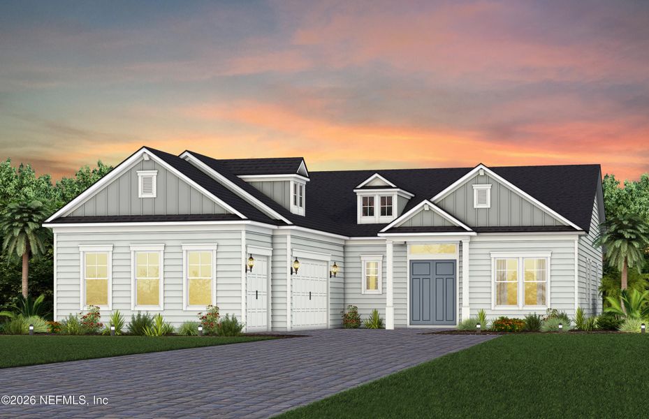 Front exterior of a new home in , St. Johns, FL, highlighting curb appeal (Image 1). Front exterior of a new home in , St. Johns, FL, highlighting curb appeal (Image 1).