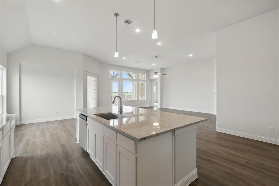 Kitchen with visible vents, a sink, white cabinets, and dark wood-style floors