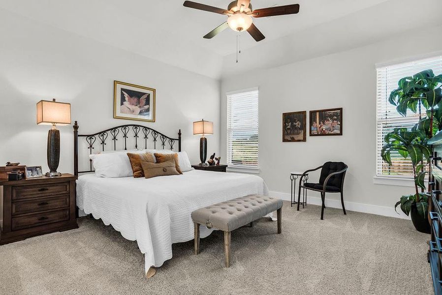 Main bedroom features an ensuite bath, vaulted ceilings, plush carpeting, a ceiling fan with integrated lighting, backyard views, and white walls.