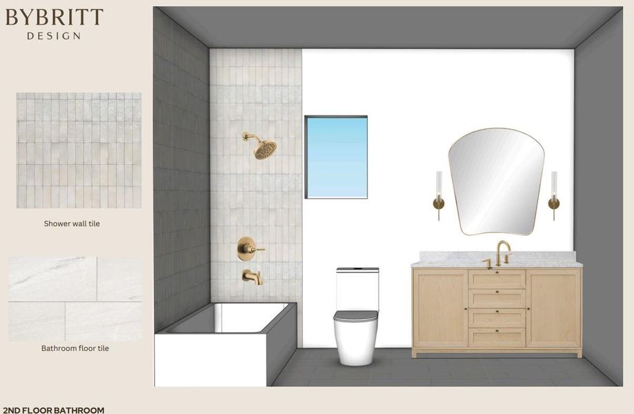 Bathroom featuring a light wood-finish vanity with a light-colored countertop, an elegant curved mirror, and brass-tone fixtures