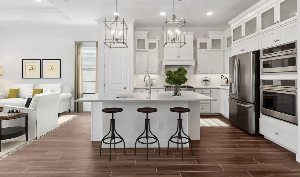 Kitchen with wood-look tile flooring and glass upper cabinets Kitchen with wood-look tile flooring and glass upper cabinets