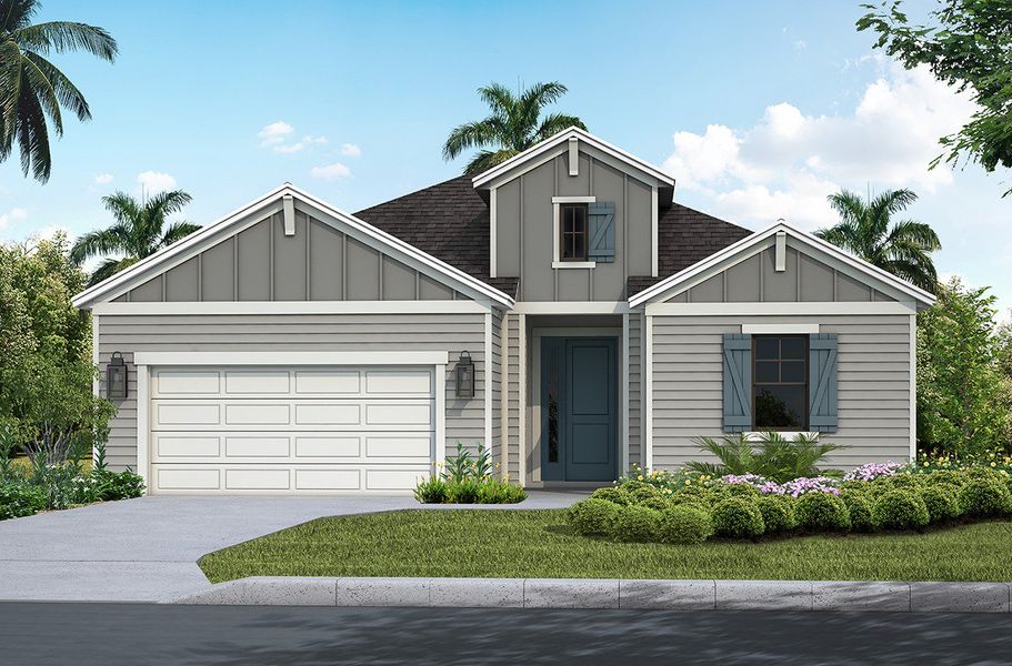 Representative exterior photo of a completed home built from the Eventide 4 by Neal Communities in Canoe Creek, Parrish, FL (Image 1). Representative exterior photo of a completed home built from the Eventide 4 by Neal Communities in Canoe Creek, Parrish, FL (Image 1).