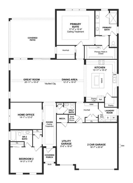 2D floor plan layout for the Carver by K. Hovnanian® Homes in K. Hovnanian's® Four Seasons at Wylder, Port St. Lucie, FL (Image 3).