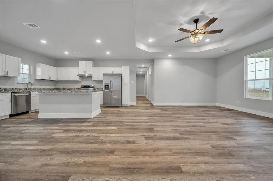 Kitchen featuring a center island, light hardwood / wood-style flooring, appliances with stainless steel finishes, a tray ceiling, and white cabinets