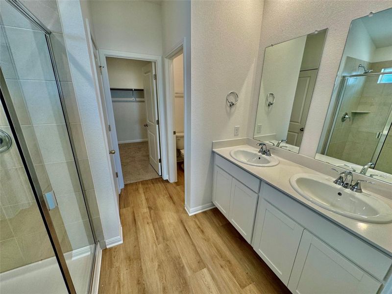 Bathroom featuring a shower stall, double vanity, light wood-style floors, and a walk in closet