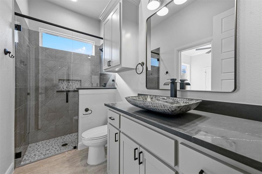 Bathroom with hardwood / wood-style floors, vanity, a shower with door, and toilet