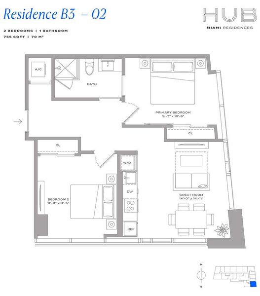 2D floor plan layout for the Residence B3 02 by The John Buck Company in HUB Miami, Miami, FL (Image 1).